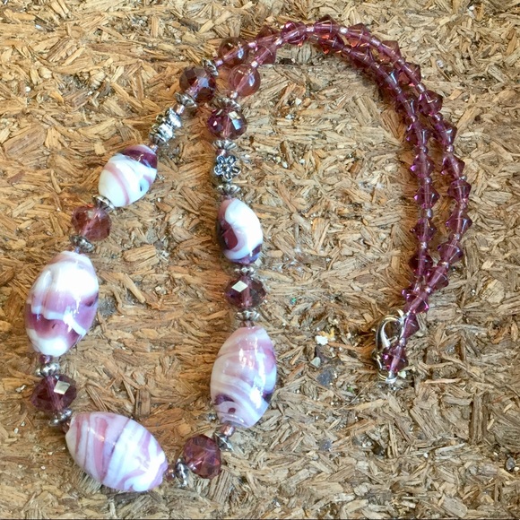 🔥 Vintage Purple Swirl Art Glass Necklace - Purple & Crystal Beads💕 - Picture 1 of 6